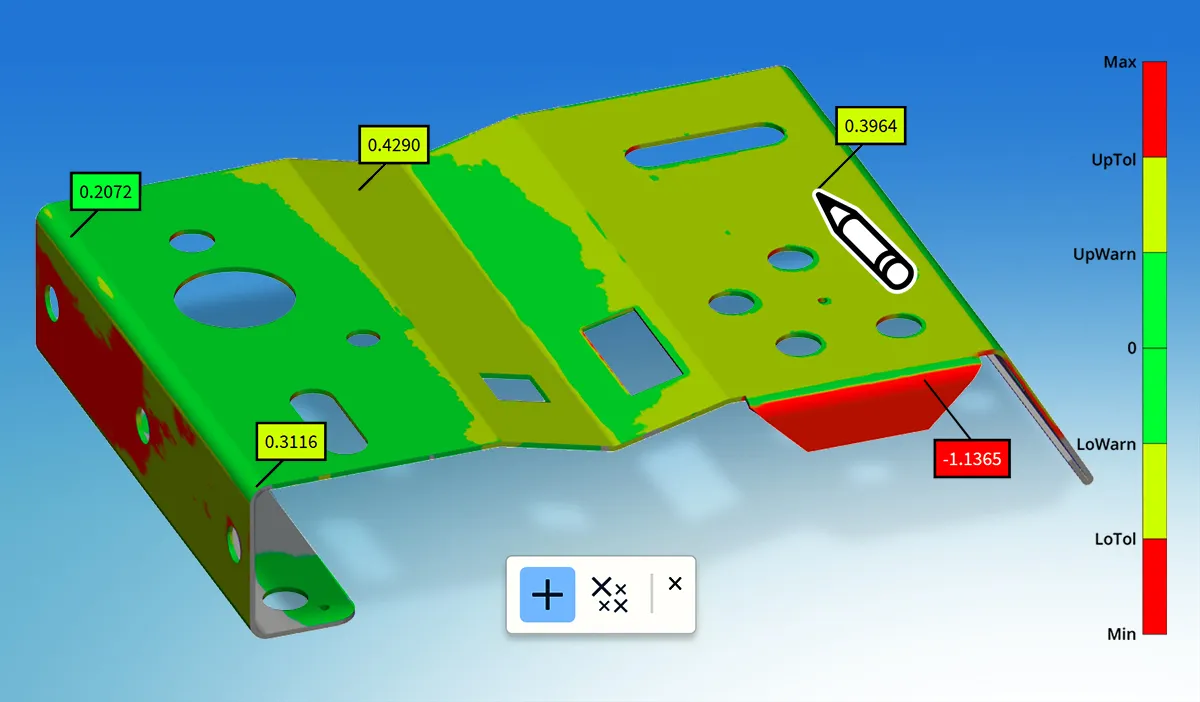 O PolyWorks|DataLoop 2025 permite que os usuários investiguem desvios de superfície de peças medidas em 3D interagindo com mapas de cores.